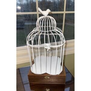 Vintage  white Metal Birdcage Hinged Top with bird on top; french country